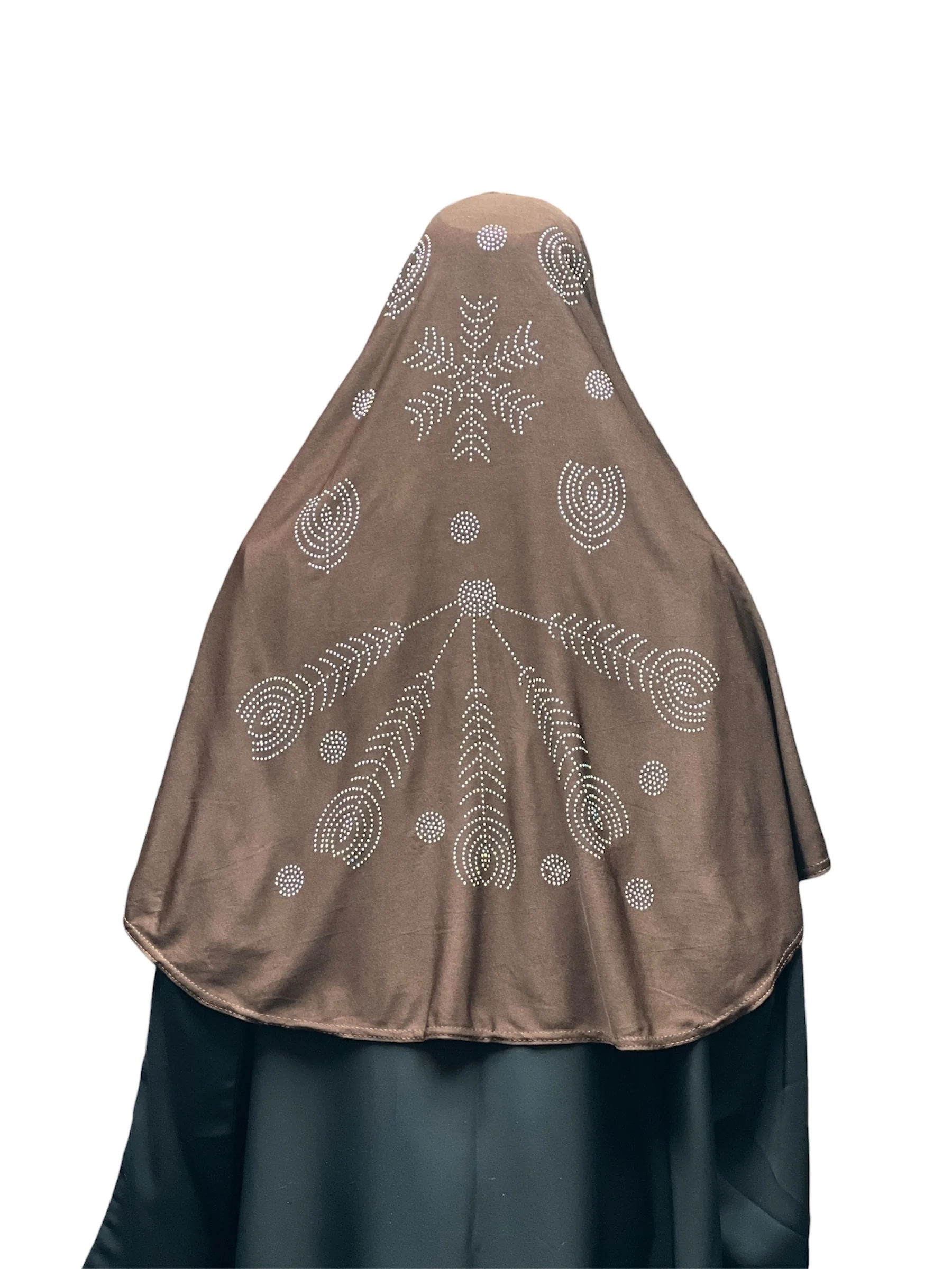 Girls Solid 1 Piece Slip On Hijab with Rhinestones - Brown - Image 3