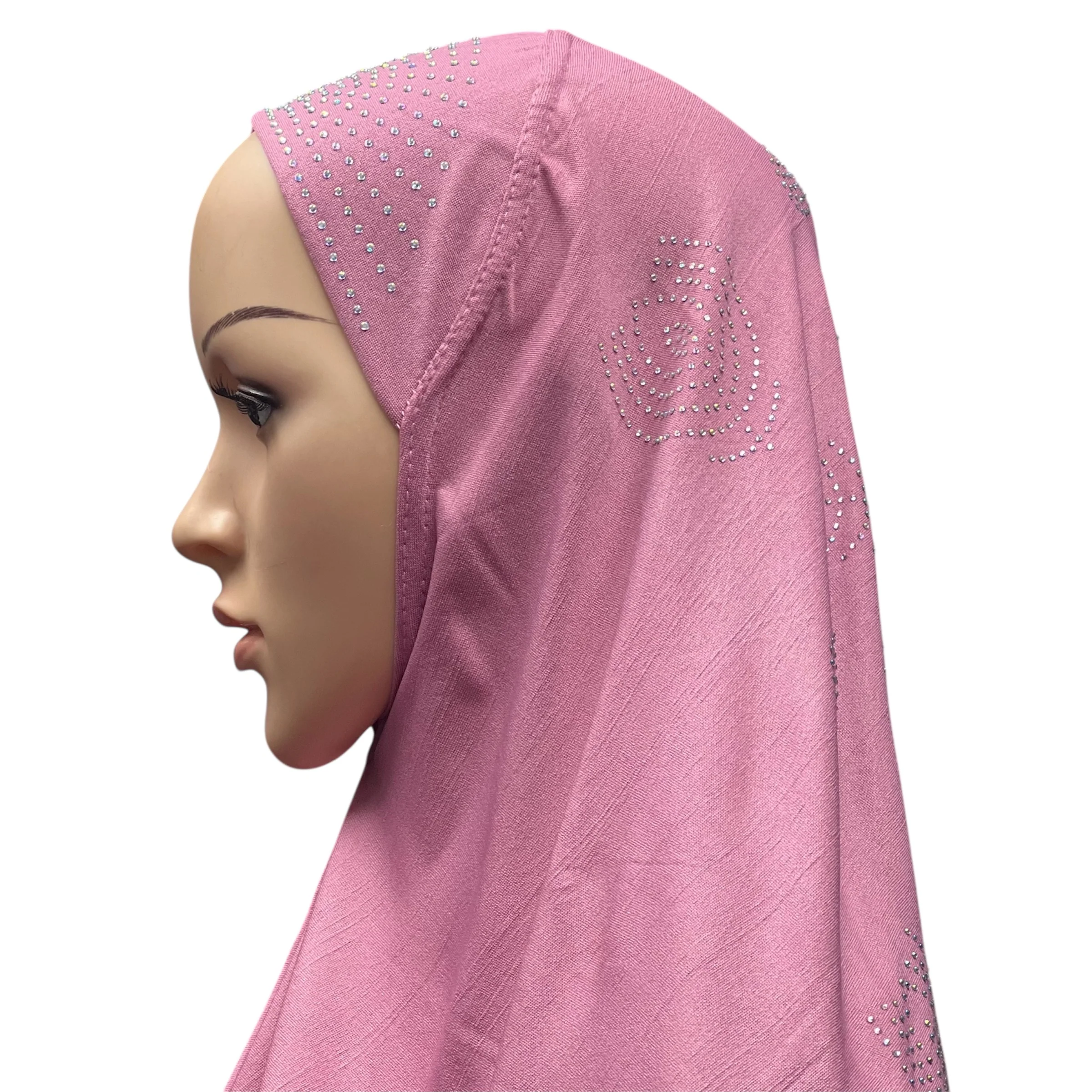 Girls Solid 1 Piece Slip On Hijab with Rhinestones  - Pink - Image 3