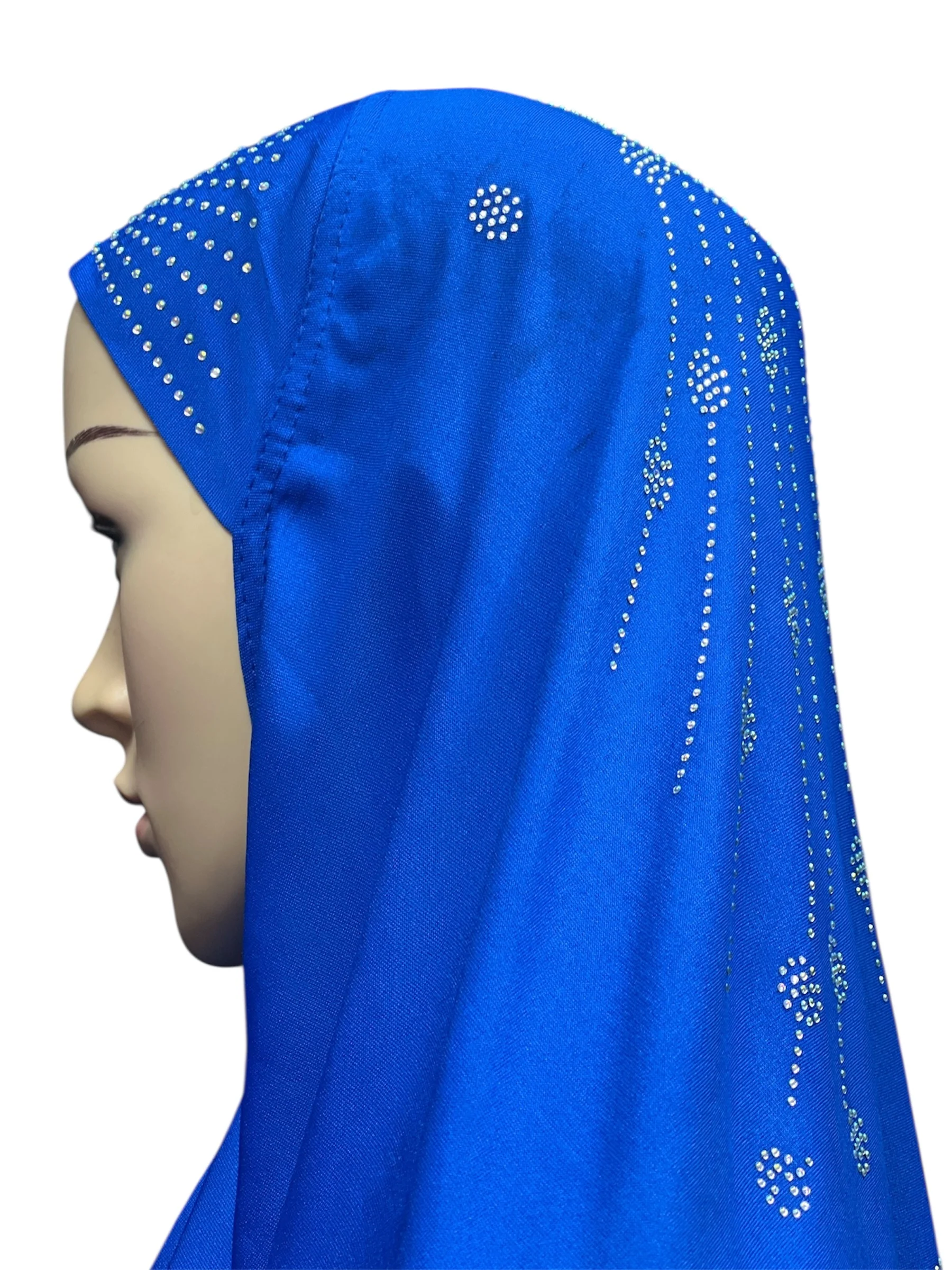 Girls Solid 1 Piece Slip On Hijab with Rhinestones  - Royal Blue - Image 3