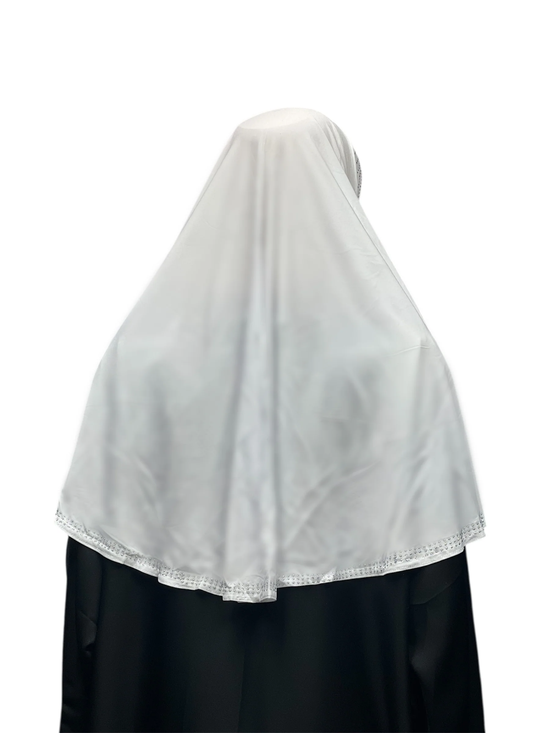 Girls Solid 1 Piece Slip On Hijab with Rhinestones - White - Image 3